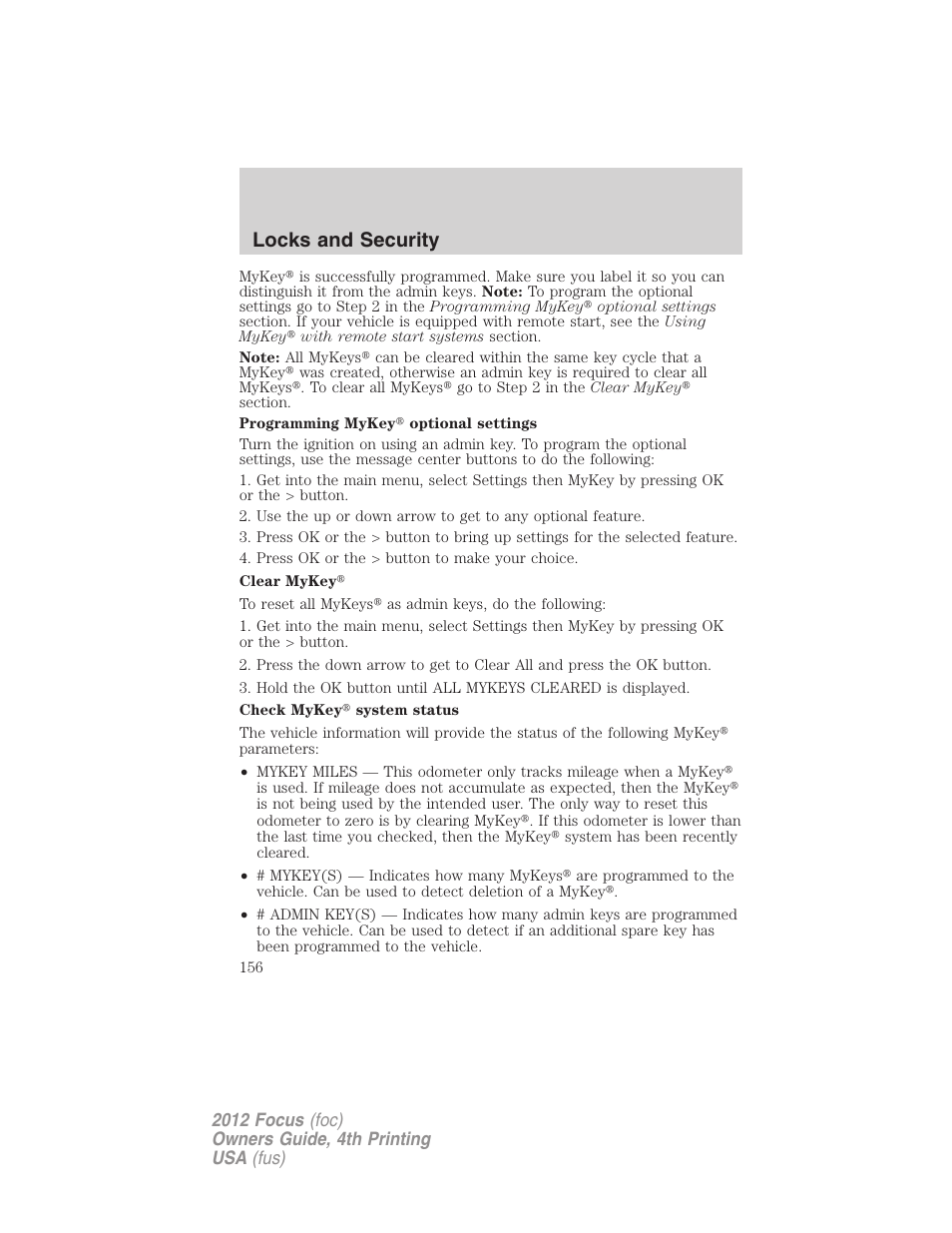 Locks and security | FORD 2012 Focus v.4 User Manual | Page 156 / 405