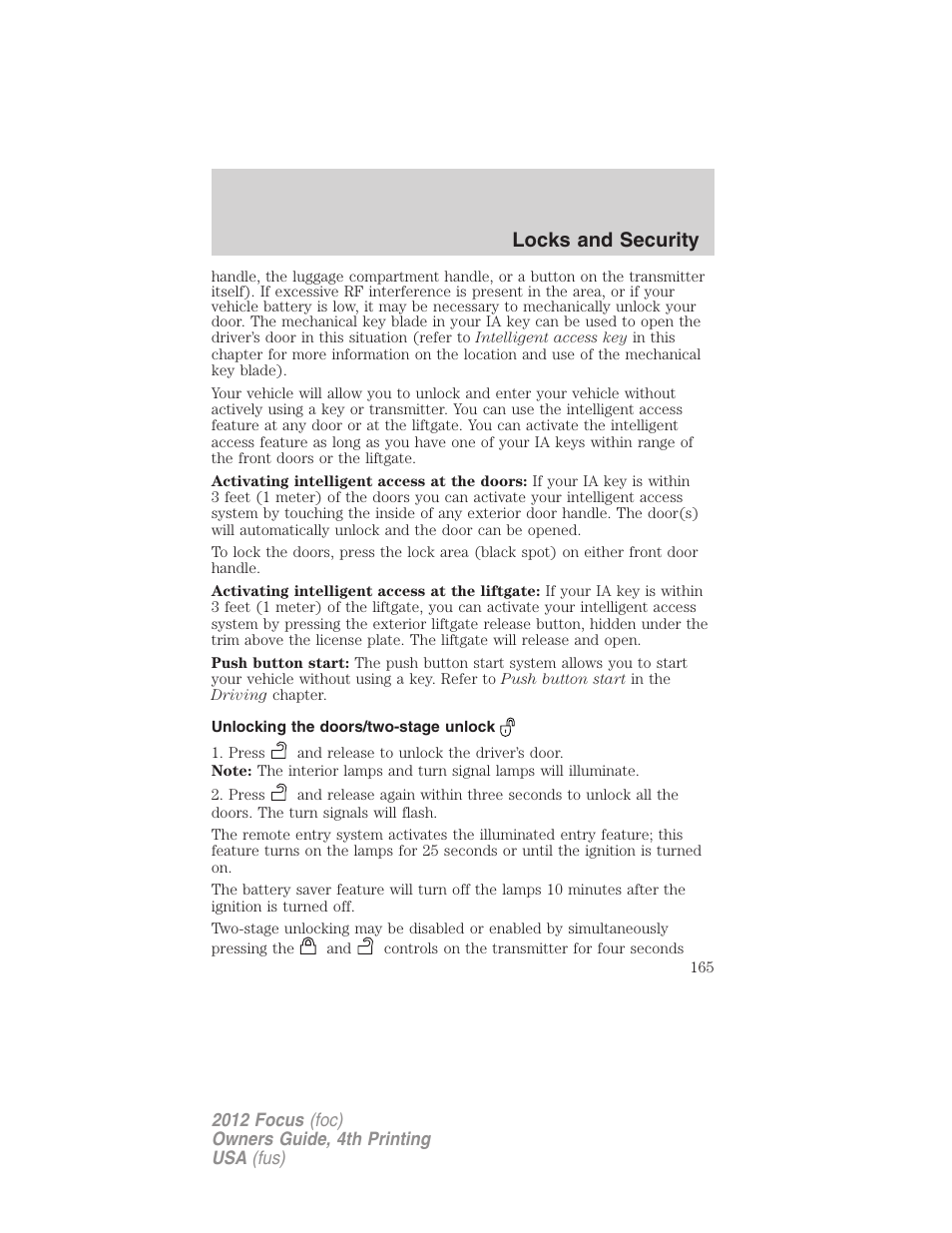 Unlocking the doors/two-stage unlock, Locks and security | FORD 2012 Focus v.4 User Manual | Page 165 / 405