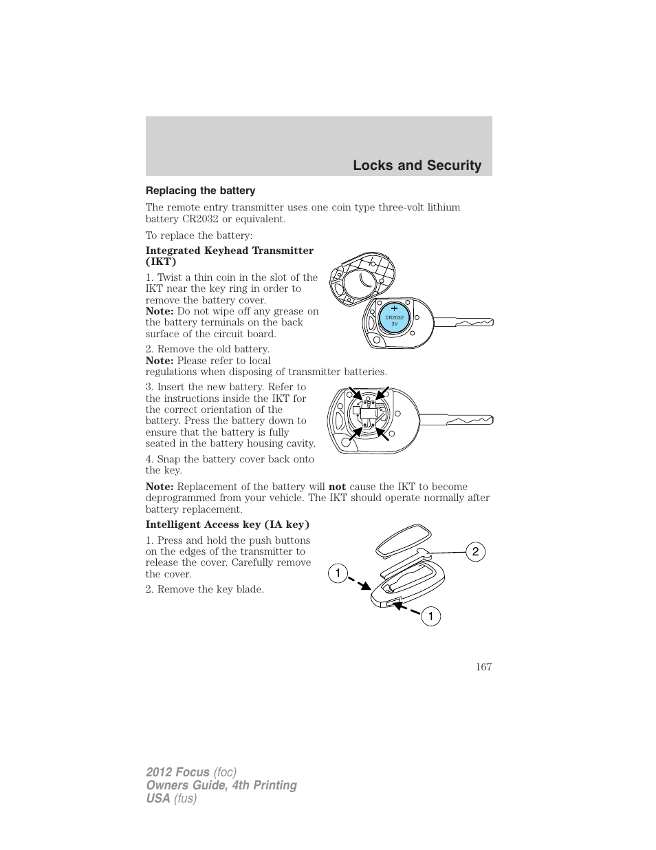 Replacing the battery, Locks and security | FORD 2012 Focus v.4 User Manual | Page 167 / 405