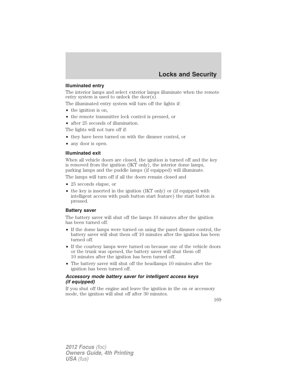Illuminated entry, Illuminated exit, Battery saver | Locks and security | FORD 2012 Focus v.4 User Manual | Page 169 / 405