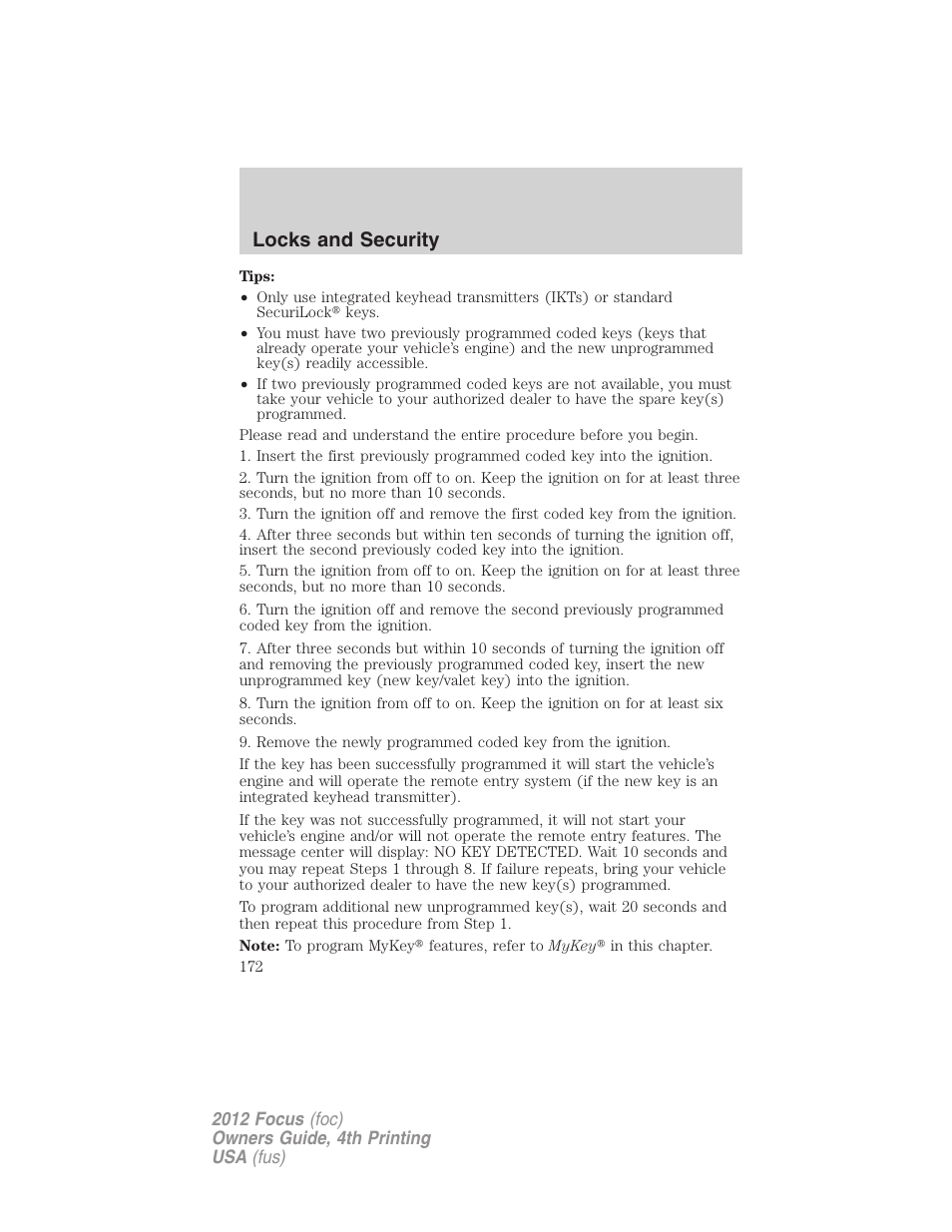 Locks and security | FORD 2012 Focus v.4 User Manual | Page 172 / 405