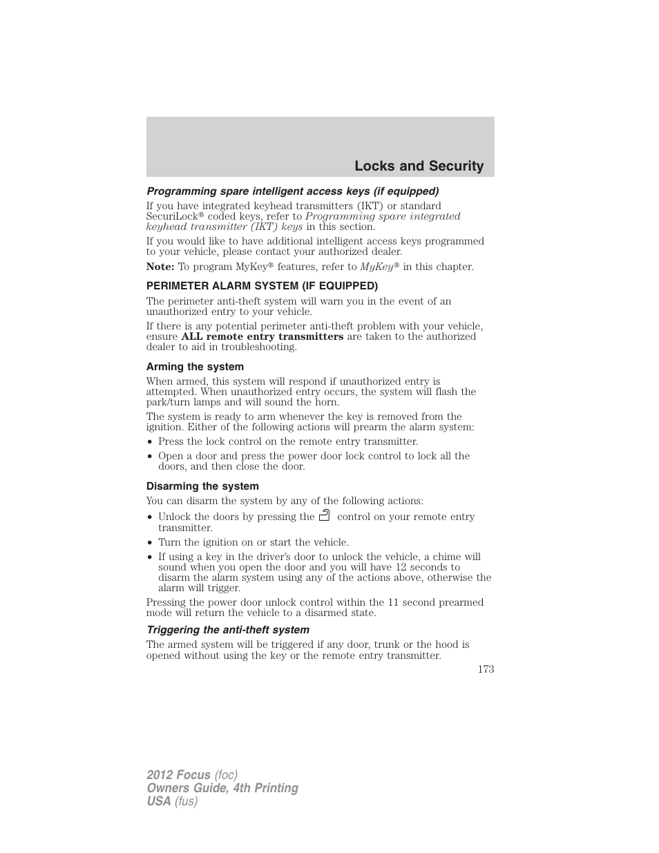Perimeter alarm system (if equipped), Arming the system, Disarming the system | Triggering the anti-theft system, Locks and security | FORD 2012 Focus v.4 User Manual | Page 173 / 405