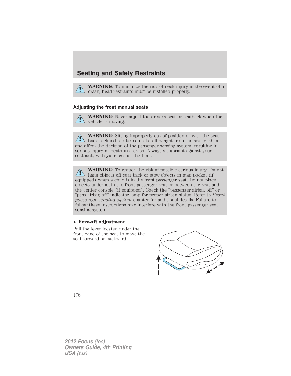 Adjusting the front manual seats, Seating and safety restraints | FORD 2012 Focus v.4 User Manual | Page 176 / 405