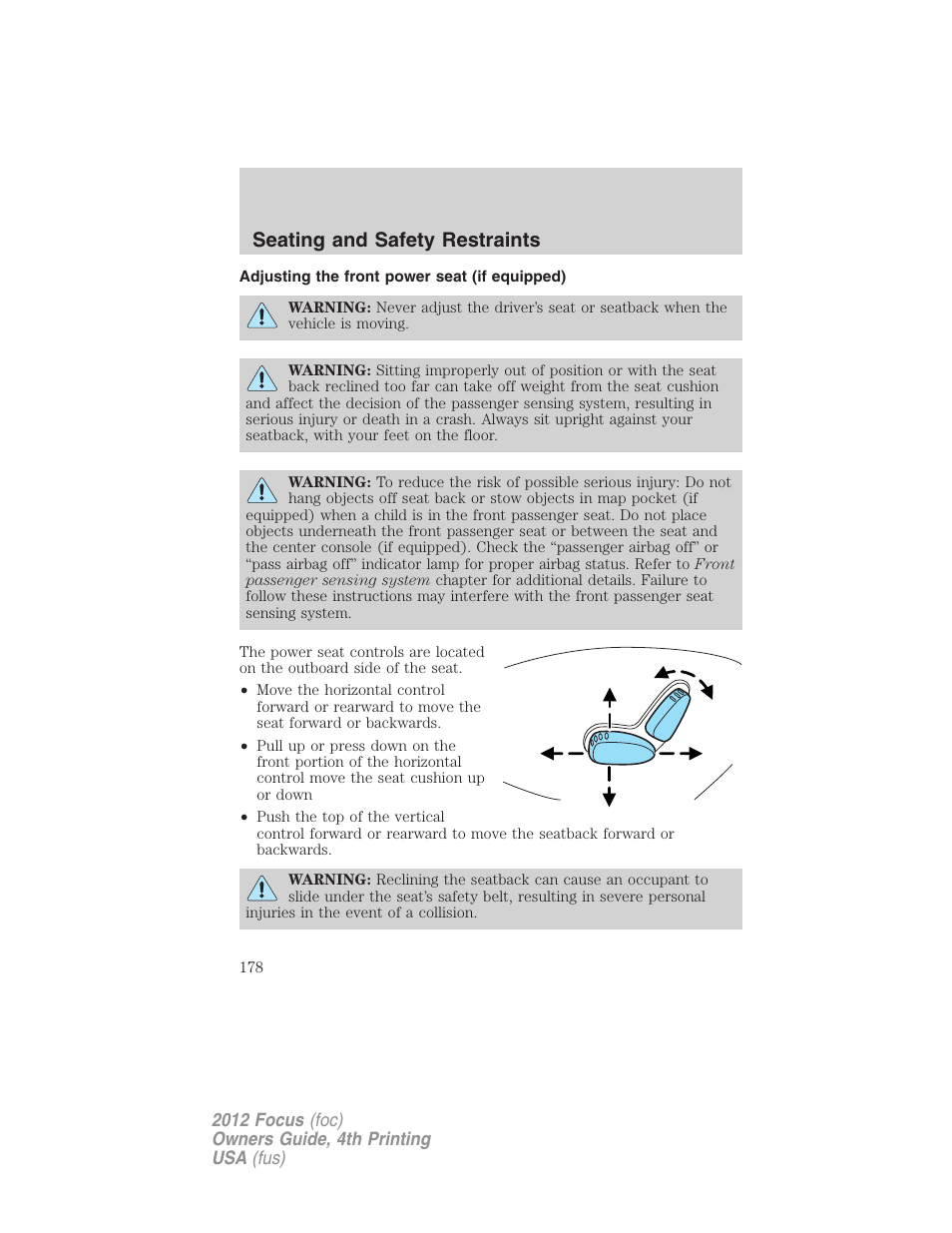 Adjusting the front power seat (if equipped), Seating and safety restraints | FORD 2012 Focus v.4 User Manual | Page 178 / 405