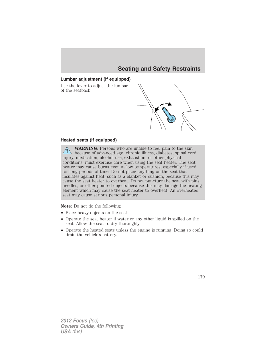 Lumbar adjustment (if equipped), Heated seats (if equipped), Seating and safety restraints | FORD 2012 Focus v.4 User Manual | Page 179 / 405