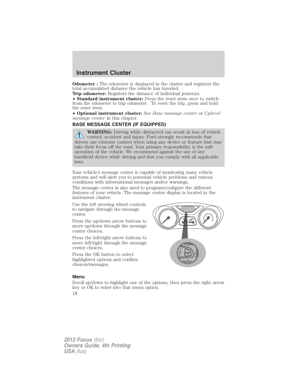 Base message center (if equipped), Menu, Message center | Instrument cluster | FORD 2012 Focus v.4 User Manual | Page 18 / 405