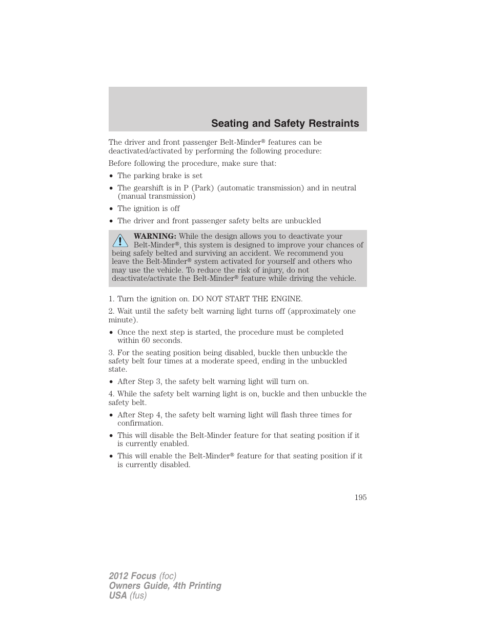 Seating and safety restraints | FORD 2012 Focus v.4 User Manual | Page 195 / 405