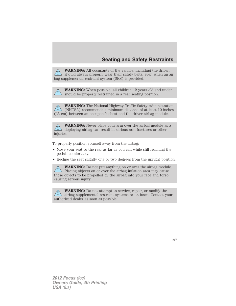 Seating and safety restraints | FORD 2012 Focus v.4 User Manual | Page 197 / 405