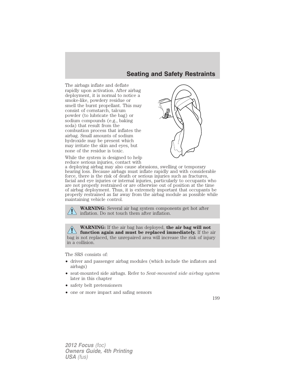 Seating and safety restraints | FORD 2012 Focus v.4 User Manual | Page 199 / 405