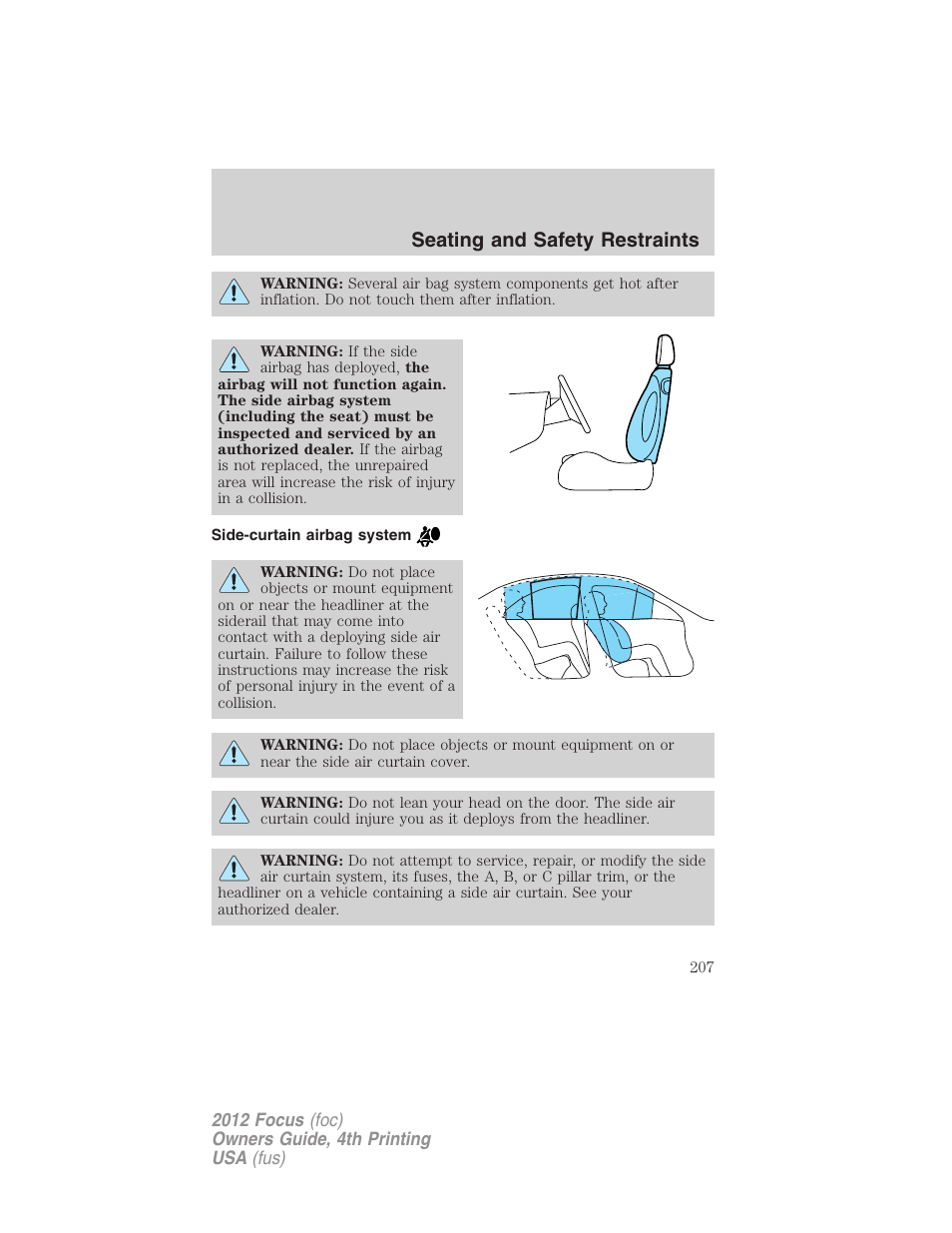Side-curtain airbag system, Seating and safety restraints | FORD 2012 Focus v.4 User Manual | Page 207 / 405