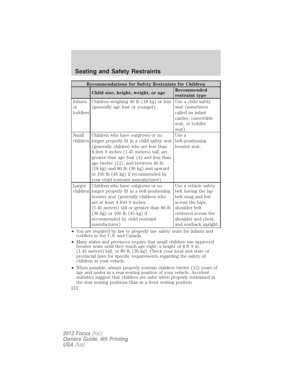 Seating and safety restraints | FORD 2012 Focus v.4 User Manual | Page 212 / 405