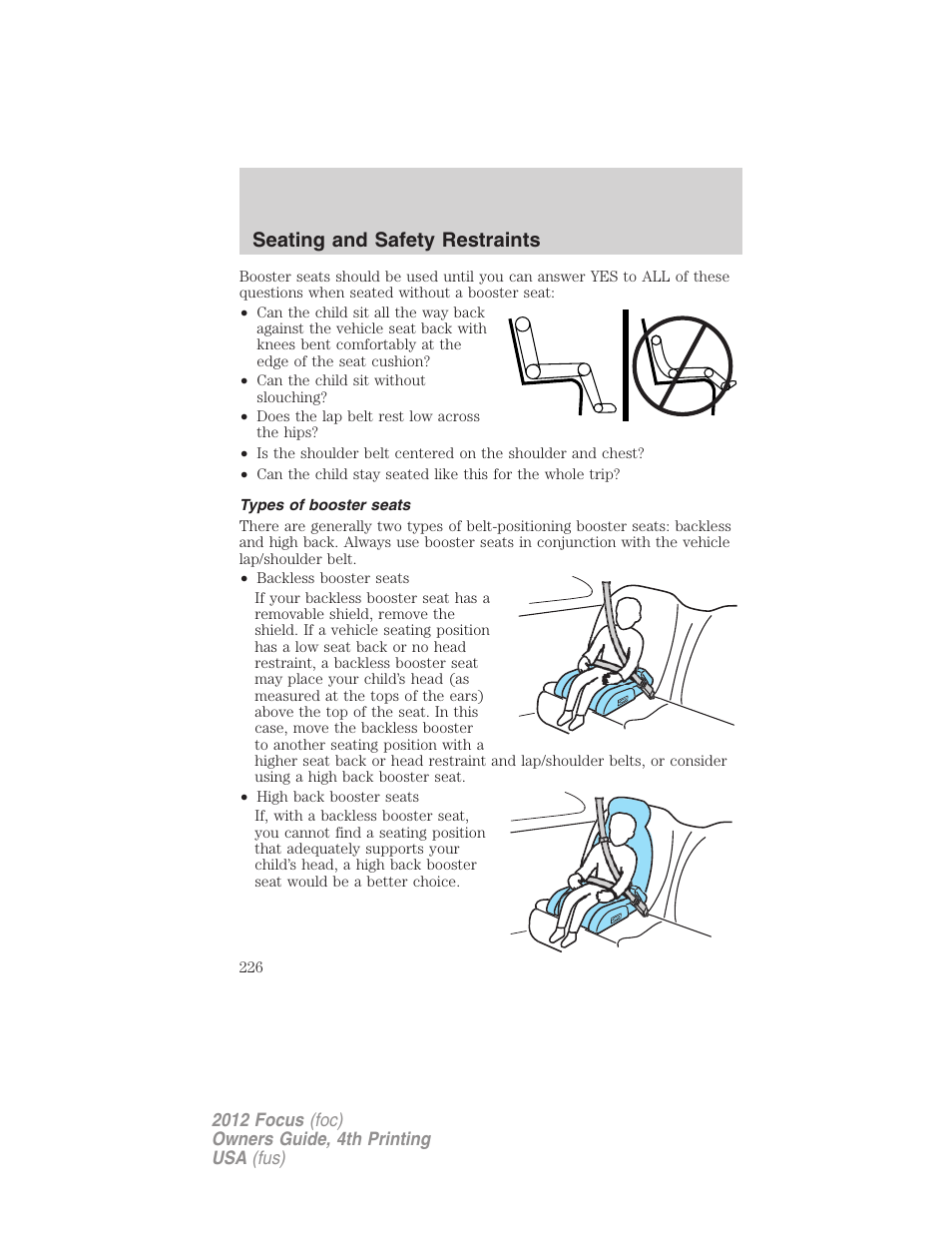 Types of booster seats, Seating and safety restraints | FORD 2012 Focus v.4 User Manual | Page 226 / 405