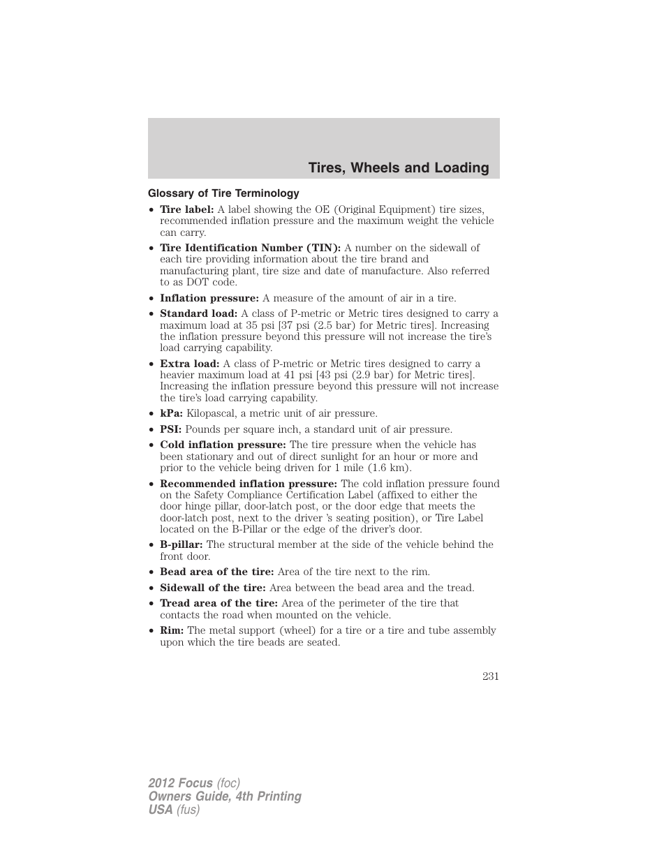 Glossary of tire terminology, Tires, wheels and loading | FORD 2012 Focus v.4 User Manual | Page 231 / 405