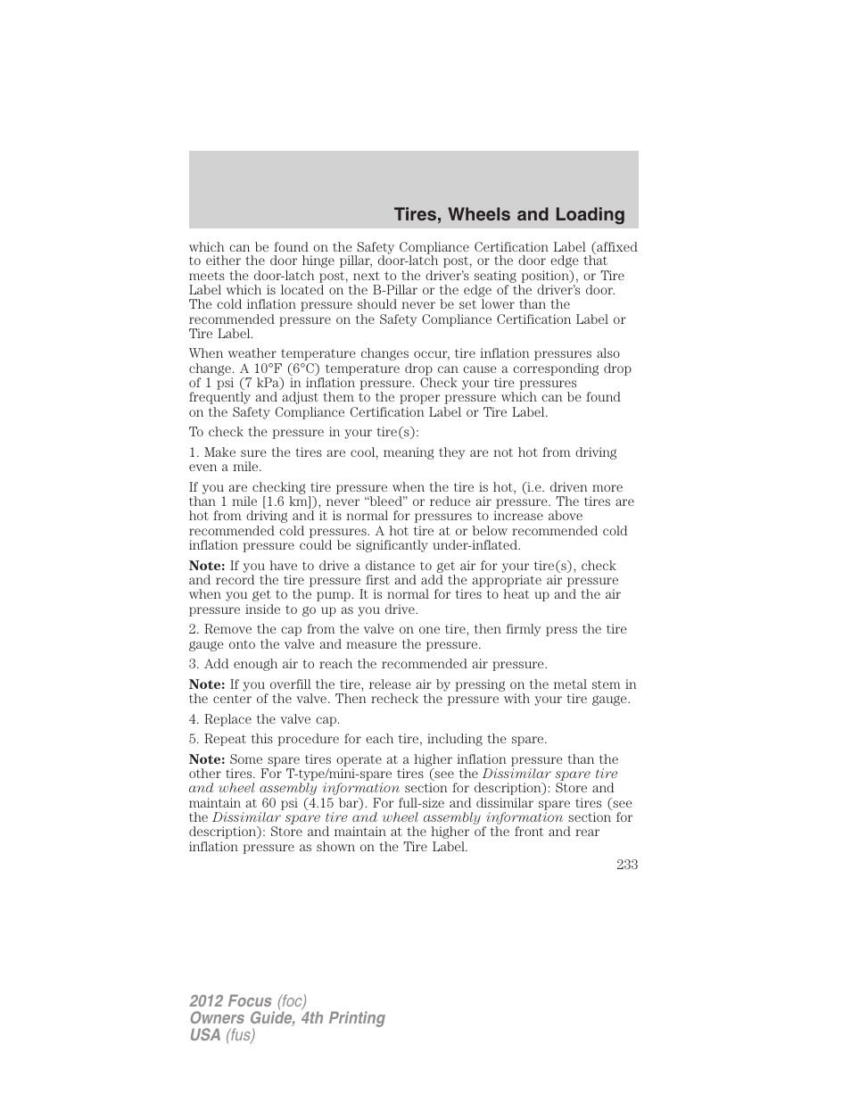 Tires, wheels and loading | FORD 2012 Focus v.4 User Manual | Page 233 / 405
