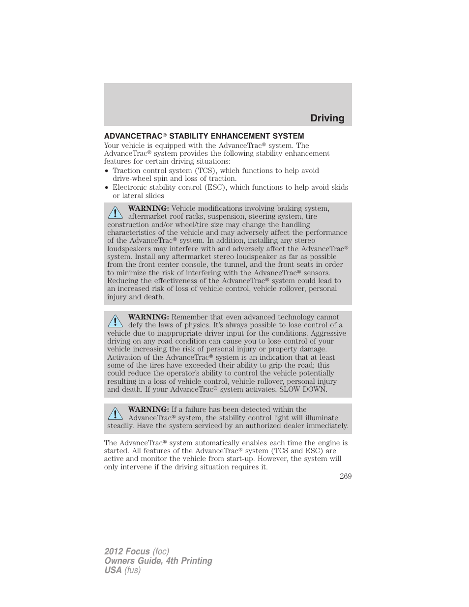 Advancetrac? stability enhancement system, Advancetrac, Driving | FORD 2012 Focus v.4 User Manual | Page 269 / 405