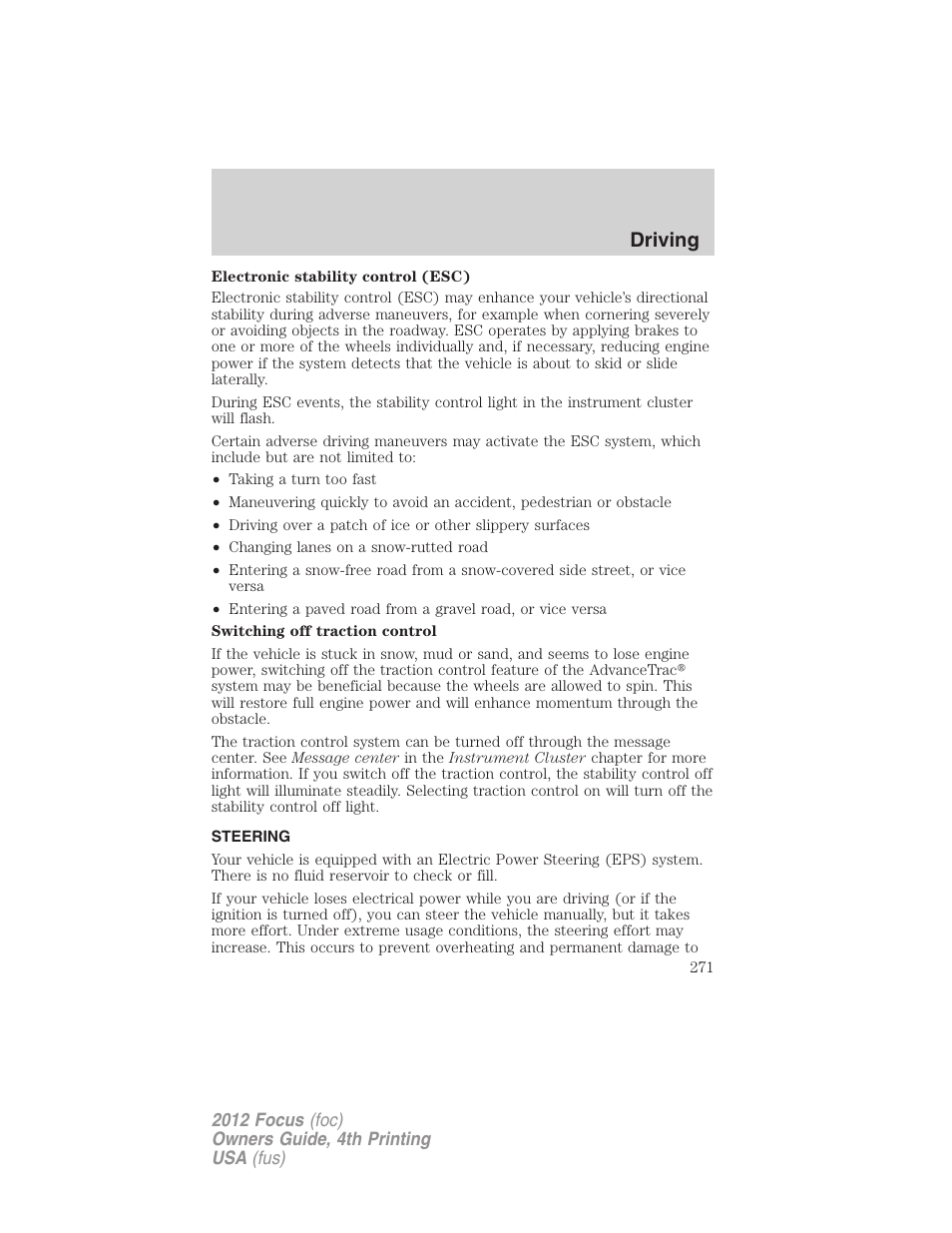 Steering, Driving | FORD 2012 Focus v.4 User Manual | Page 271 / 405