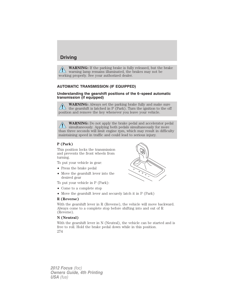 Automatic transmission (if equipped), Transmission operation, Driving | FORD 2012 Focus v.4 User Manual | Page 274 / 405