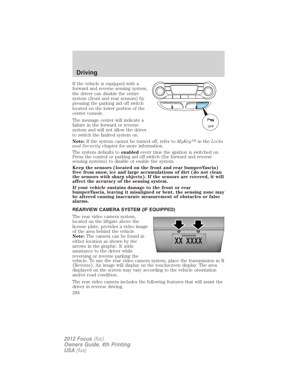 Rearview camera system (if equipped), Rear-view camera system, Driving | FORD 2012 Focus v.4 User Manual | Page 284 / 405