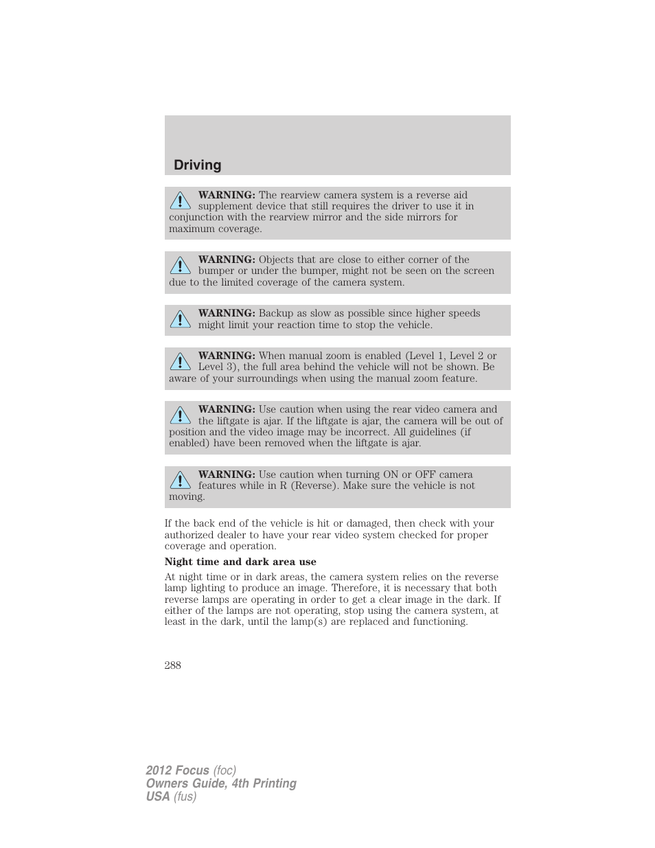 Driving | FORD 2012 Focus v.4 User Manual | Page 288 / 405