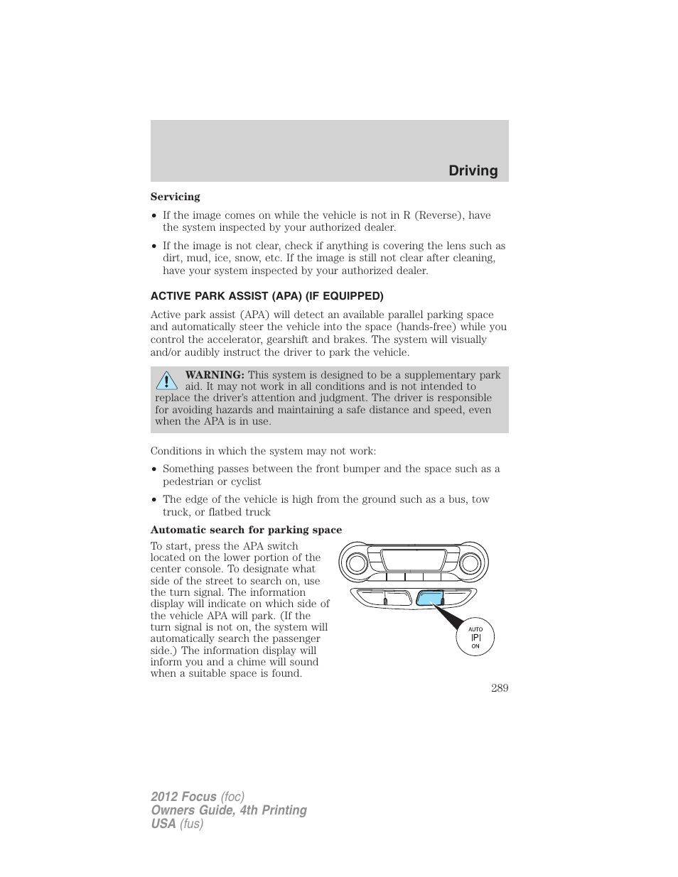 Active park assist (apa) (if equipped), Driving | FORD 2012 Focus v.4 User Manual | Page 289 / 405