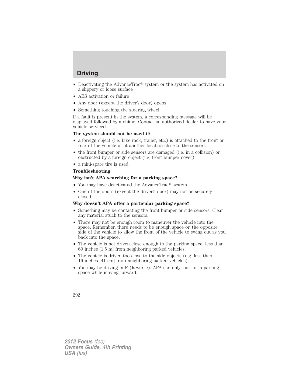 Driving | FORD 2012 Focus v.4 User Manual | Page 292 / 405