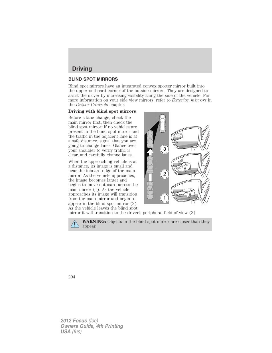Blind spot mirrors, Driving | FORD 2012 Focus v.4 User Manual | Page 294 / 405