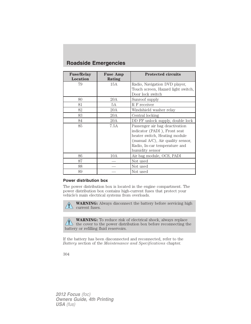 Power distribution box, Roadside emergencies | FORD 2012 Focus v.4 User Manual | Page 304 / 405