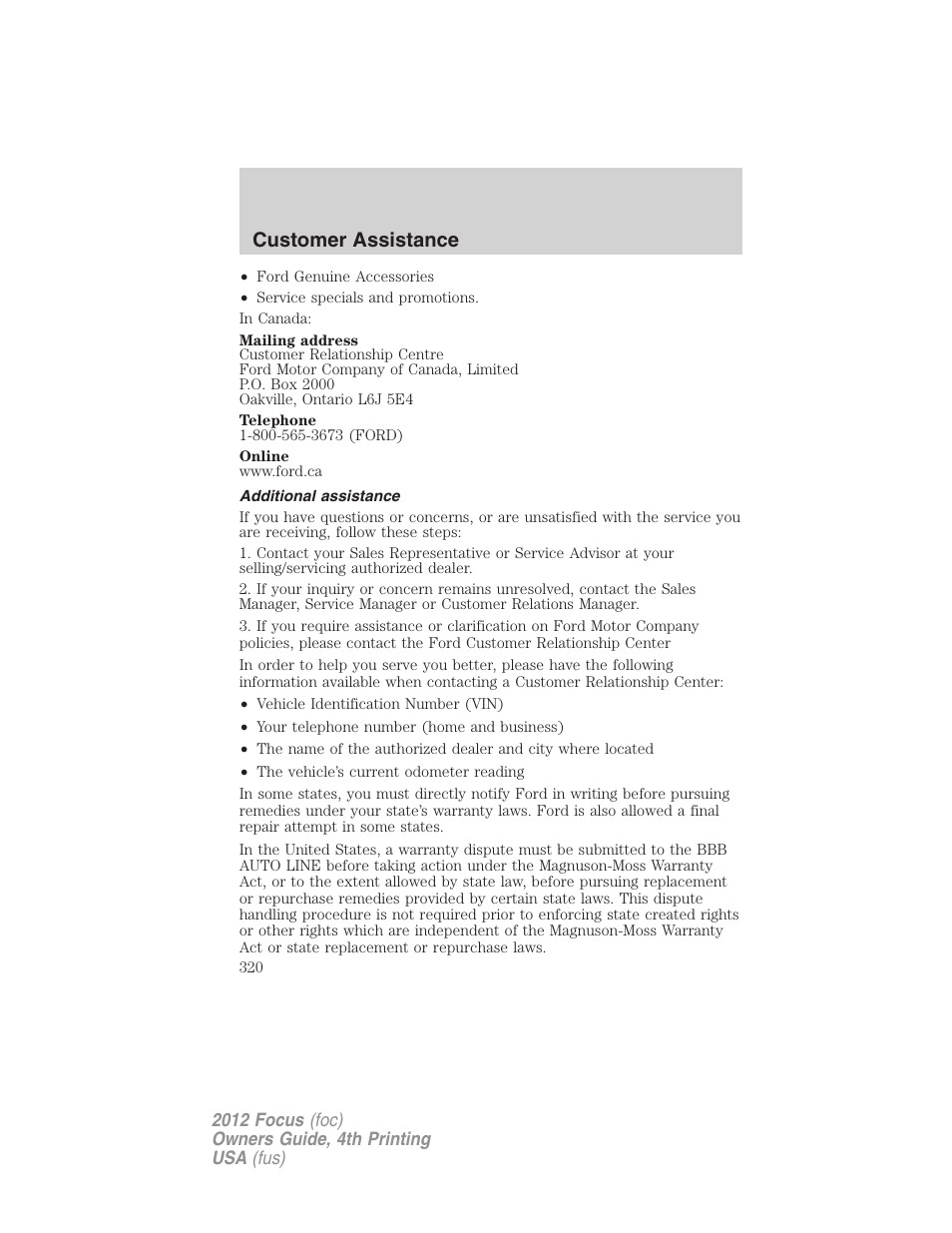 Additional assistance, Customer assistance | FORD 2012 Focus v.4 User Manual | Page 320 / 405