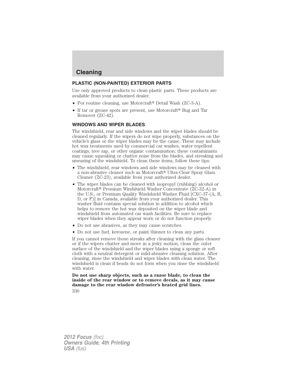 Plastic (non-painted) exterior parts, Windows and wiper blades, Cleaning | FORD 2012 Focus v.4 User Manual | Page 330 / 405