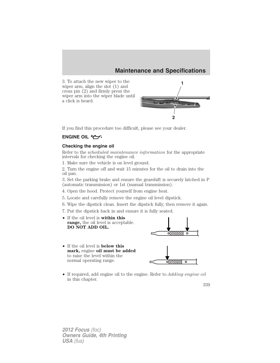 Engine oil, Checking the engine oil, Maintenance and specifications | FORD 2012 Focus v.4 User Manual | Page 339 / 405