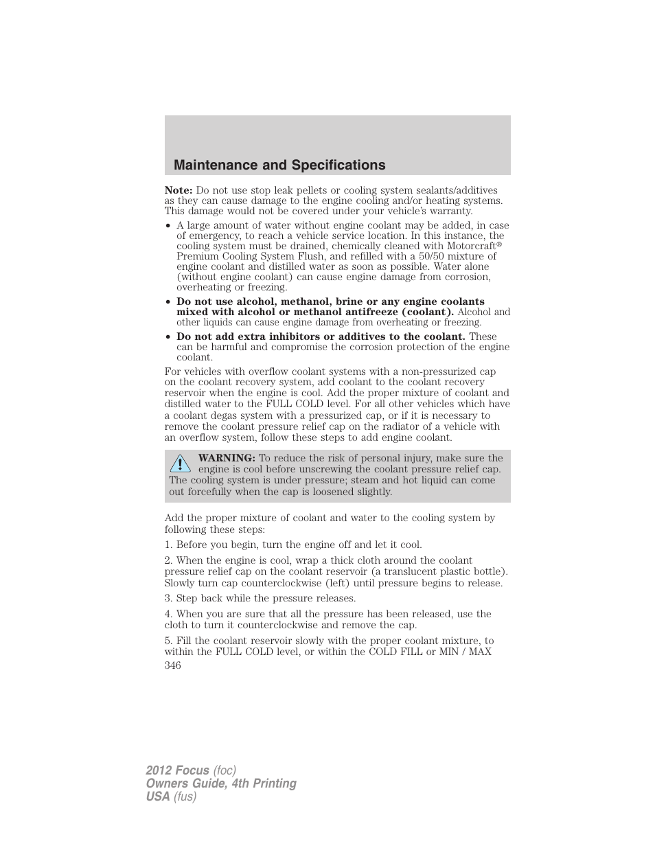 Maintenance and specifications | FORD 2012 Focus v.4 User Manual | Page 346 / 405