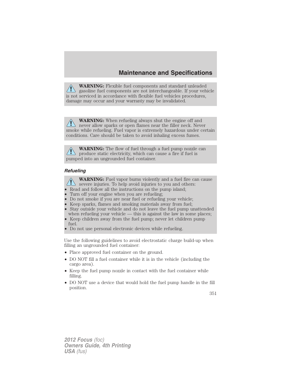 Refueling, Maintenance and specifications | FORD 2012 Focus v.4 User Manual | Page 351 / 405