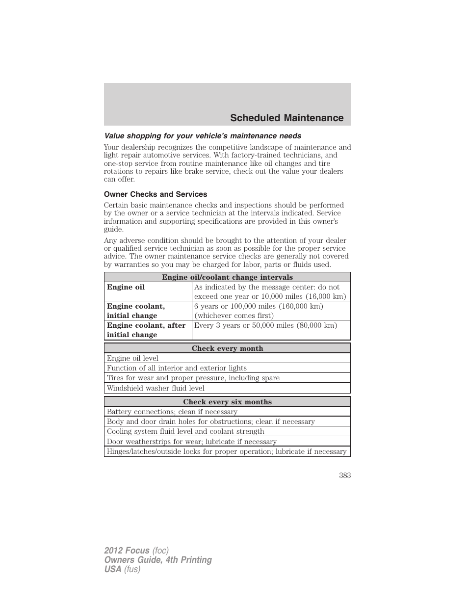 Owner checks and services, Scheduled maintenance | FORD 2012 Focus v.4 User Manual | Page 383 / 405
