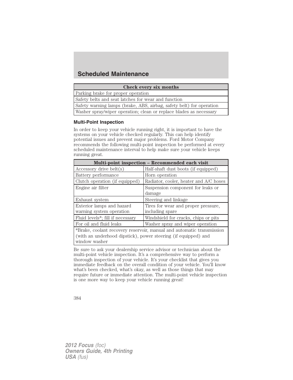 Multi-point inspection, Scheduled maintenance | FORD 2012 Focus v.4 User Manual | Page 384 / 405