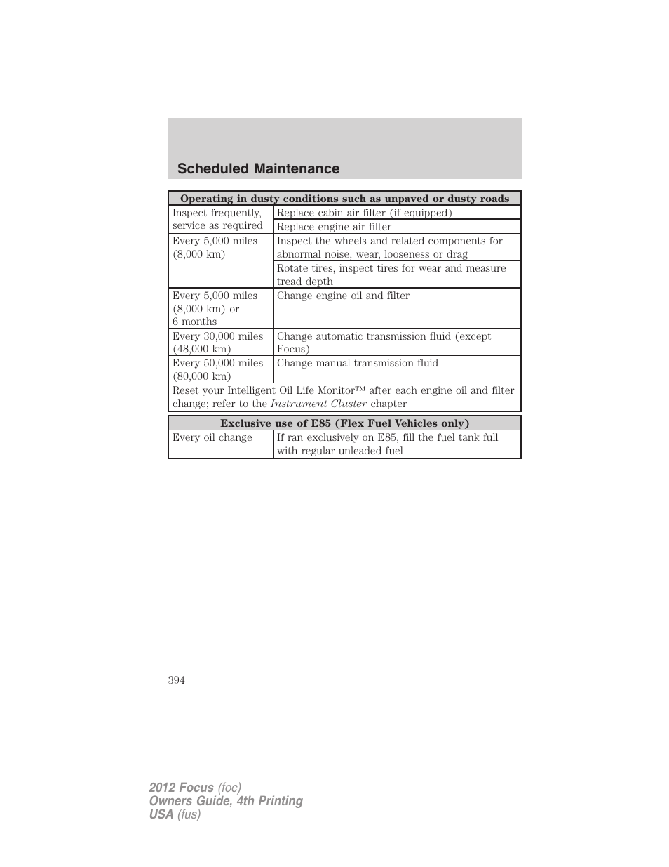 Scheduled maintenance | FORD 2012 Focus v.4 User Manual | Page 394 / 405