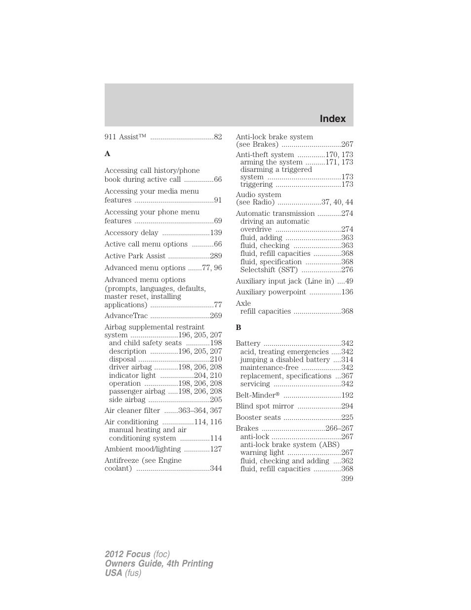 Index | FORD 2012 Focus v.4 User Manual | Page 399 / 405