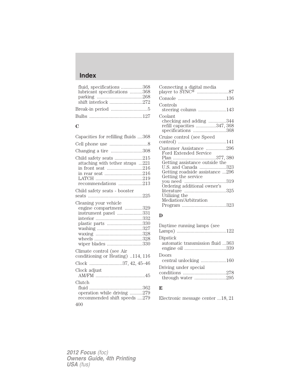 Index | FORD 2012 Focus v.4 User Manual | Page 400 / 405