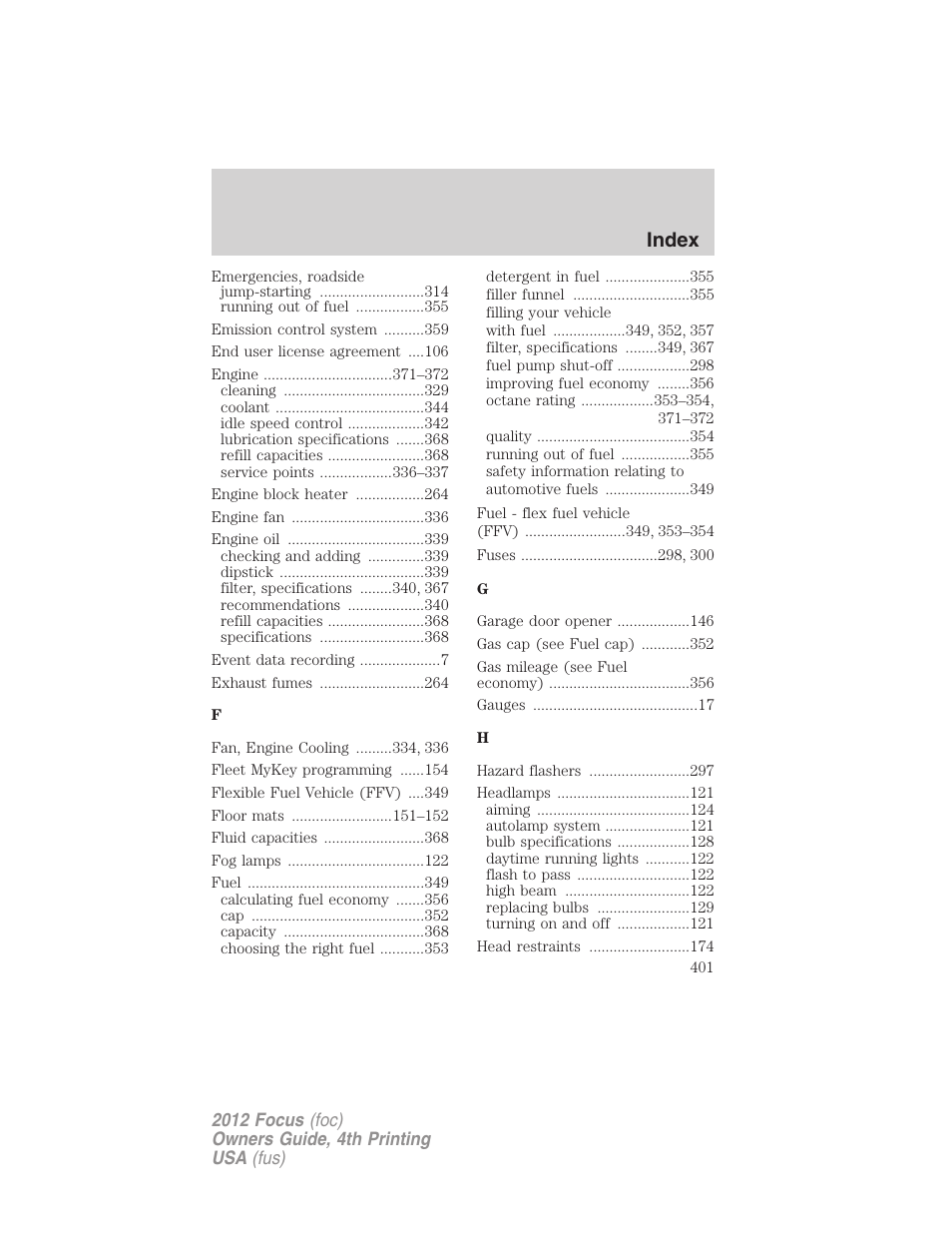 Index | FORD 2012 Focus v.4 User Manual | Page 401 / 405