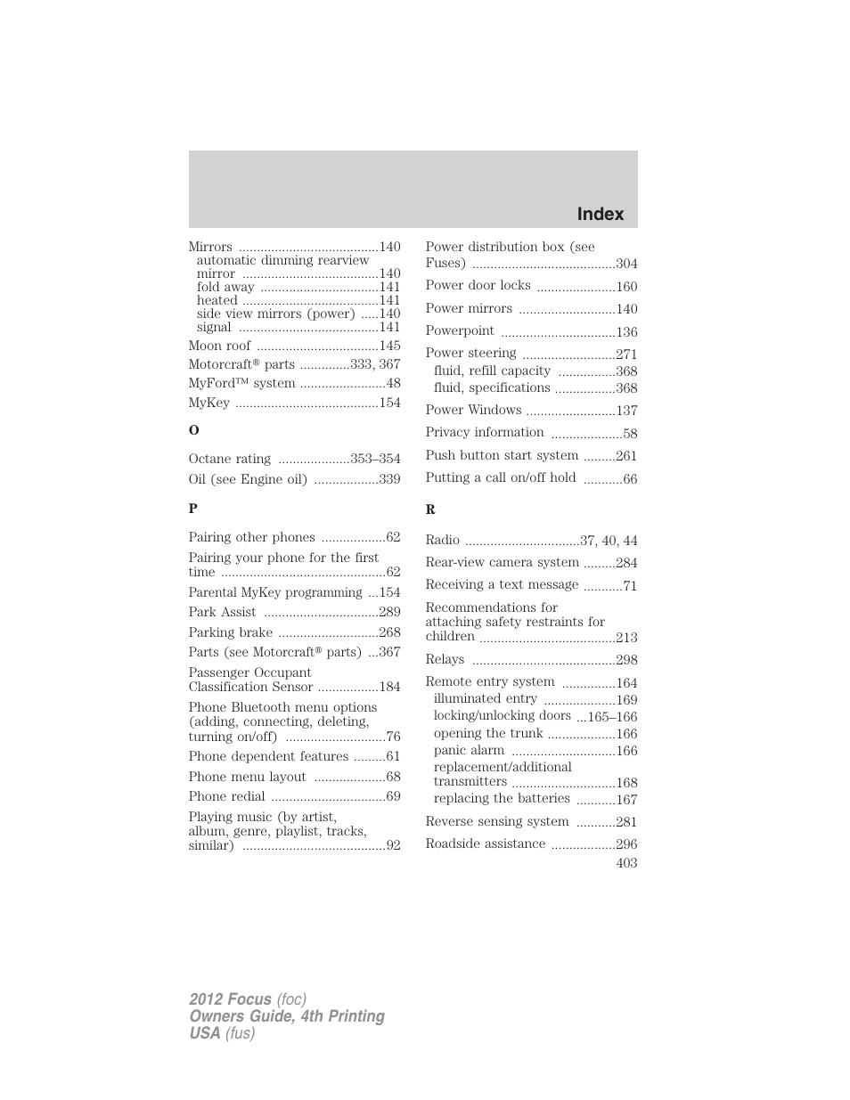 Index | FORD 2012 Focus v.4 User Manual | Page 403 / 405