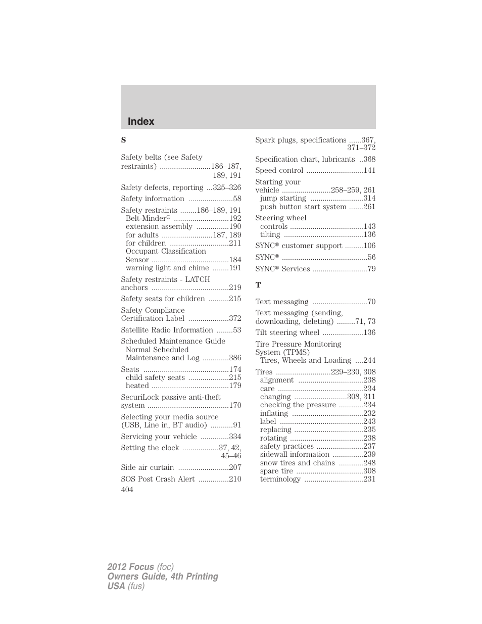 Index | FORD 2012 Focus v.4 User Manual | Page 404 / 405