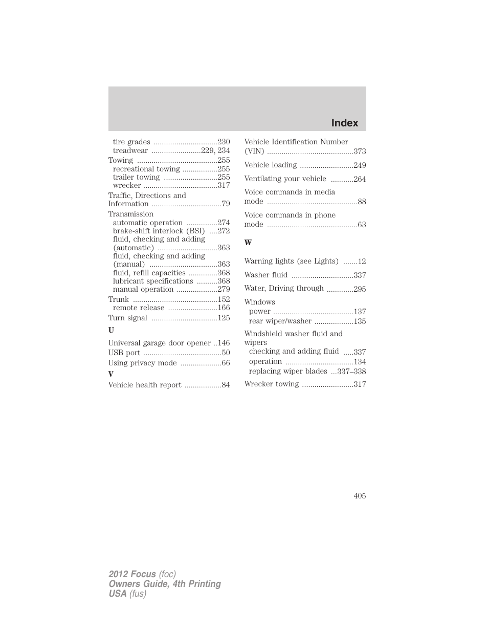 Index | FORD 2012 Focus v.4 User Manual | Page 405 / 405