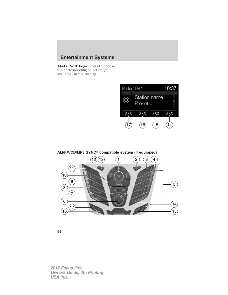 Am/fm/cd/mp3 sync? compatible system (if equipped) | FORD 2012 Focus v.4 User Manual | Page 44 / 405