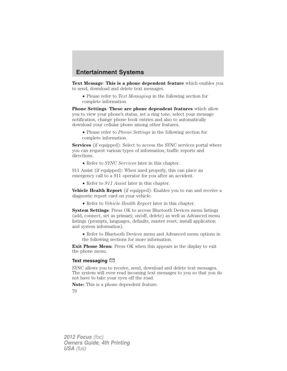 Text messaging, Entertainment systems | FORD 2012 Focus v.4 User Manual | Page 70 / 405