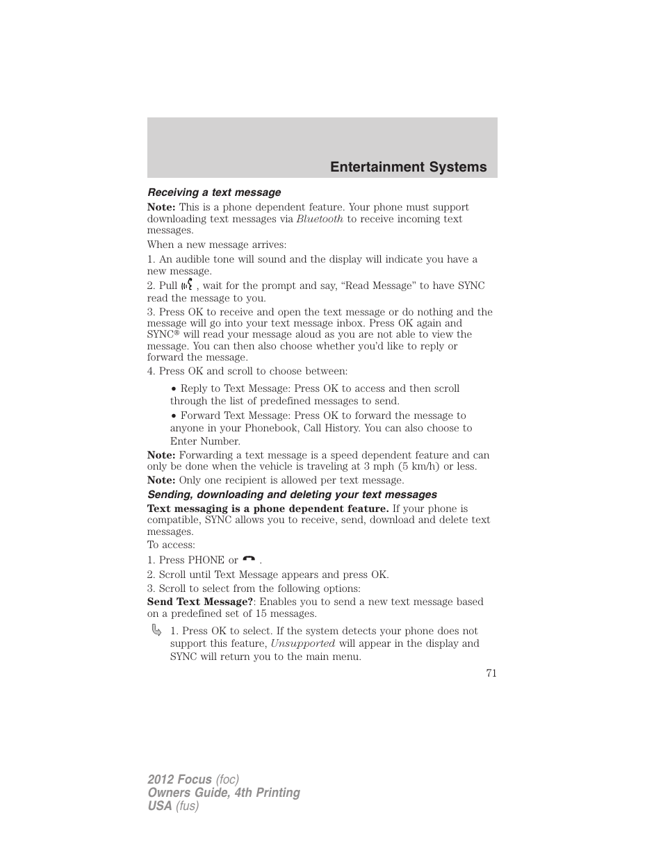 Receiving a text message, Entertainment systems | FORD 2012 Focus v.4 User Manual | Page 71 / 405