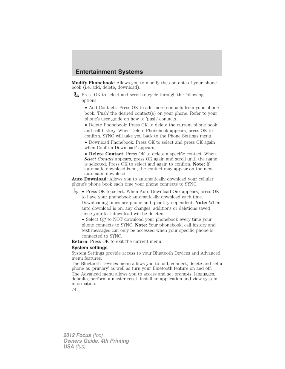 System settings, Entertainment systems | FORD 2012 Focus v.4 User Manual | Page 74 / 405