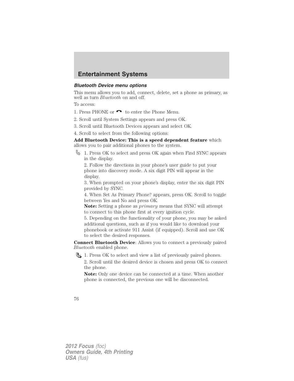 Bluetooth device menu options, Entertainment systems | FORD 2012 Focus v.4 User Manual | Page 76 / 405