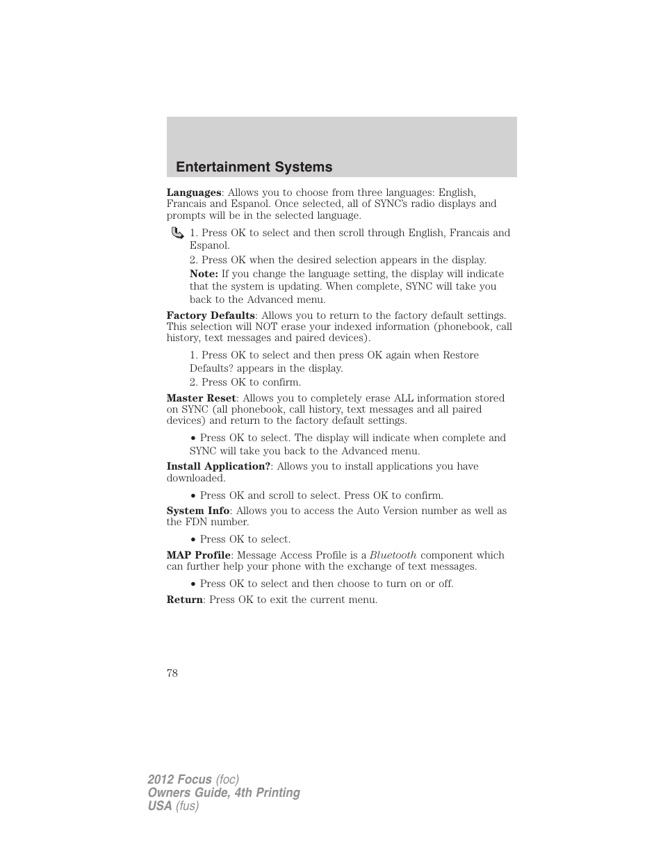 Entertainment systems | FORD 2012 Focus v.4 User Manual | Page 78 / 405
