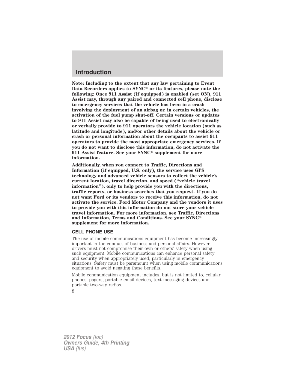 Cell phone use, Introduction | FORD 2012 Focus v.4 User Manual | Page 8 / 405