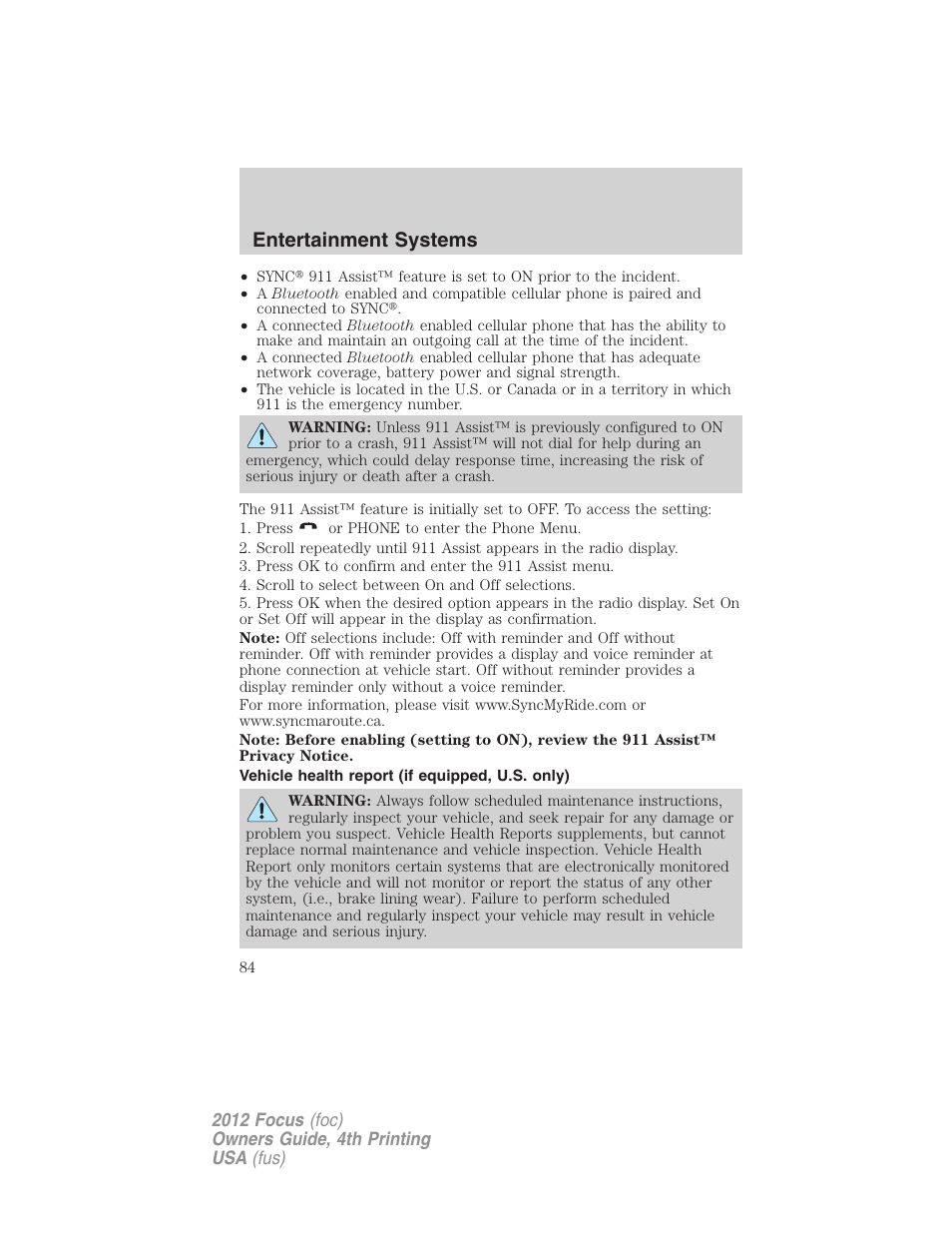 Vehicle health report (if equipped, u.s. only), Entertainment systems | FORD 2012 Focus v.4 User Manual | Page 84 / 405