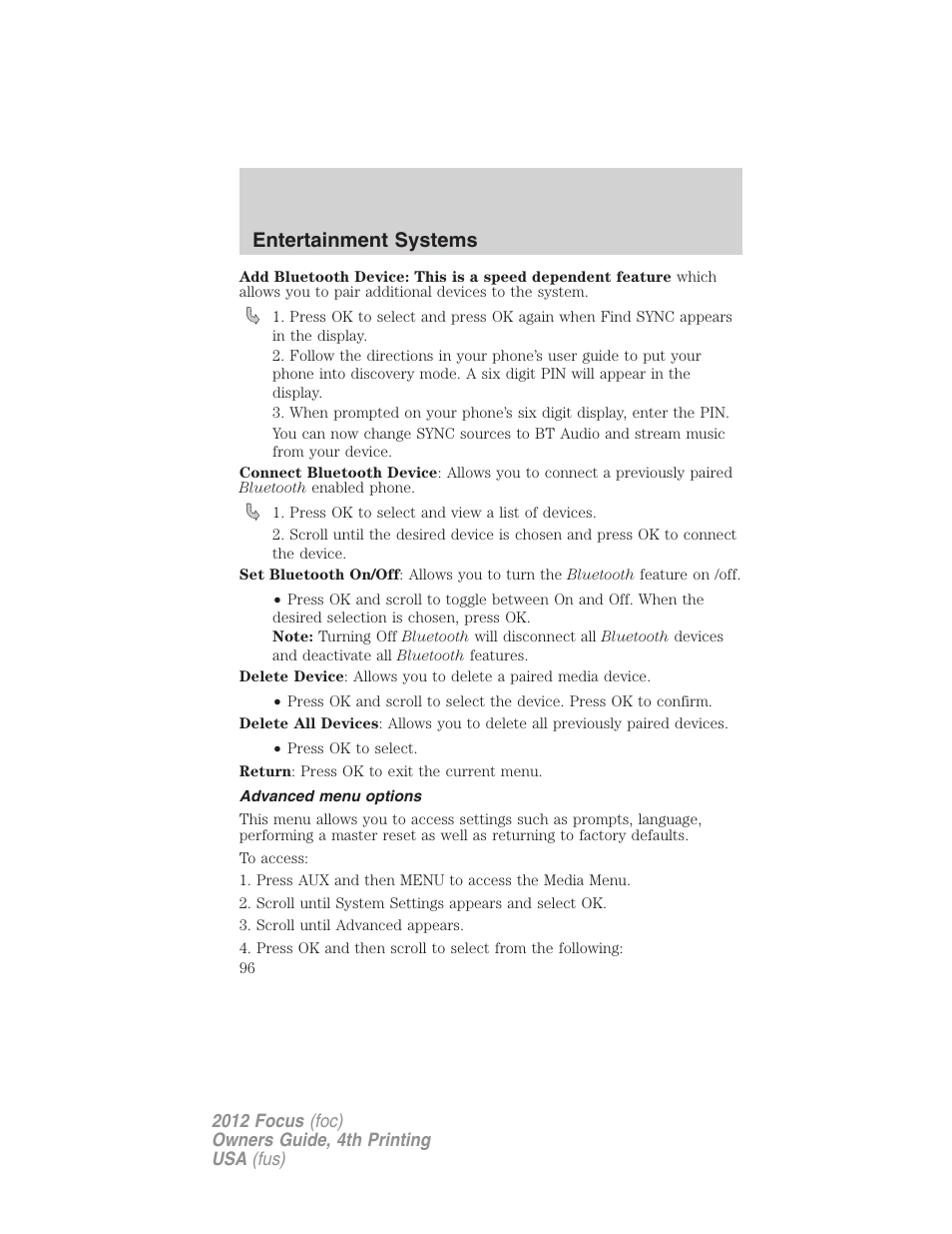 Advanced menu options, Entertainment systems | FORD 2012 Focus v.4 User Manual | Page 96 / 405